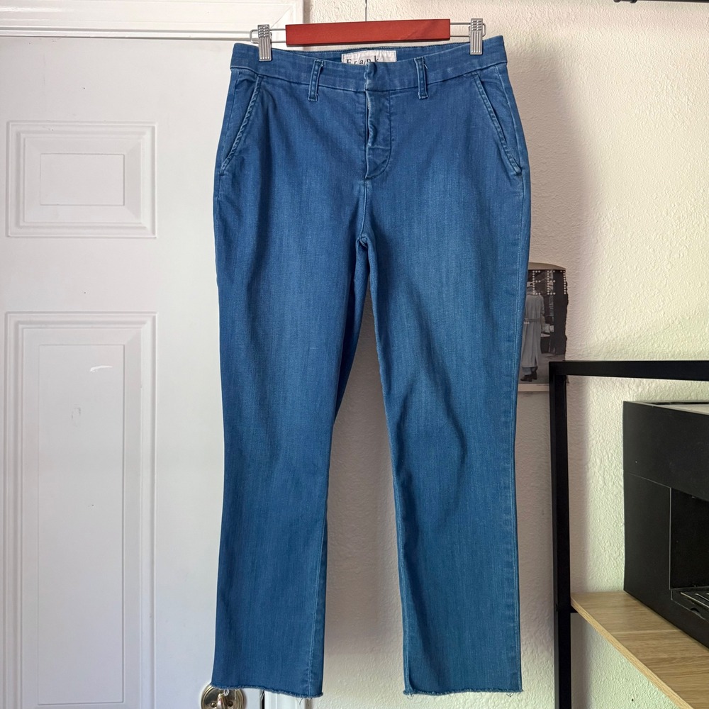 FRANK & EILEEN blue chambray denim stretch raw fray hem straight cropped jeans